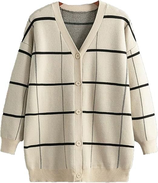 Beige Cardigan With Black Grid Pattern image 1