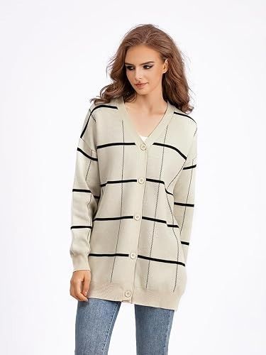 Beige Cardigan With Black Grid Pattern obraz 2