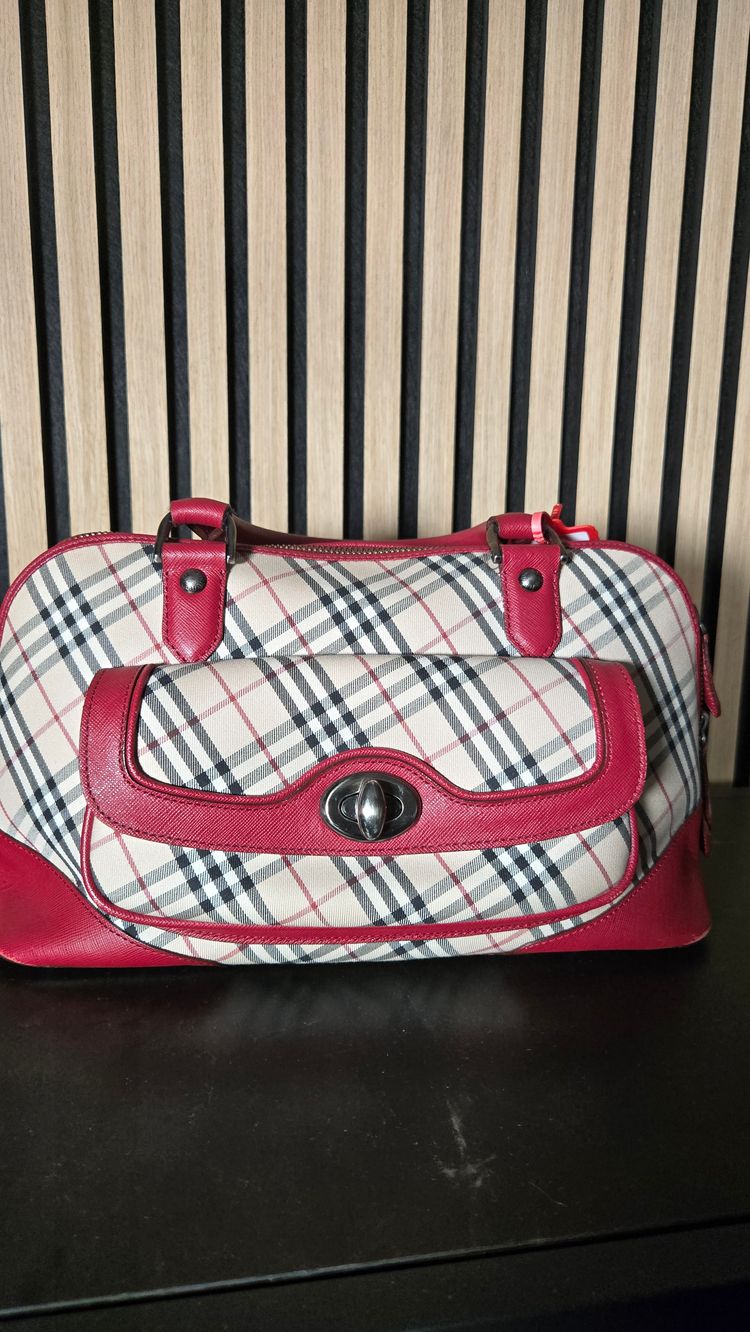 B49 Burberry Nova Check Hand Bag Canvas Burgandy