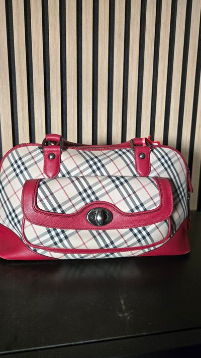 B49 Burberry Nova Check Hand Bag Canvas Burgandy
