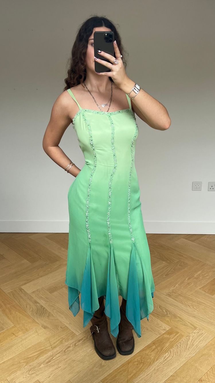 00s blue green silk maxi dress- size L image 1