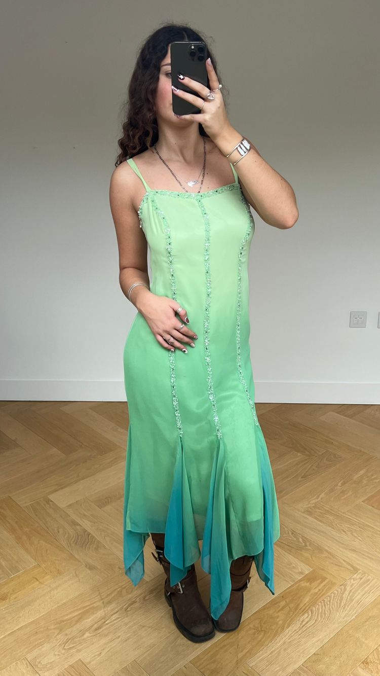 00s blue green silk maxi dress- size L image 2