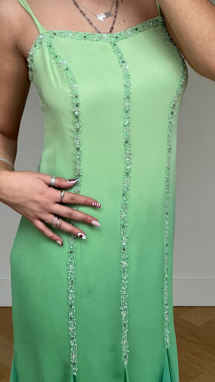 00s blue green silk maxi dress- size L image 3