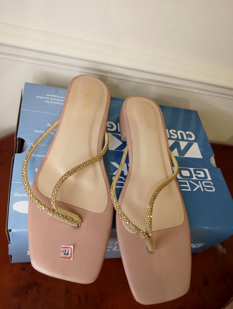 Pink Flat Sandals With Gold Braided Straps