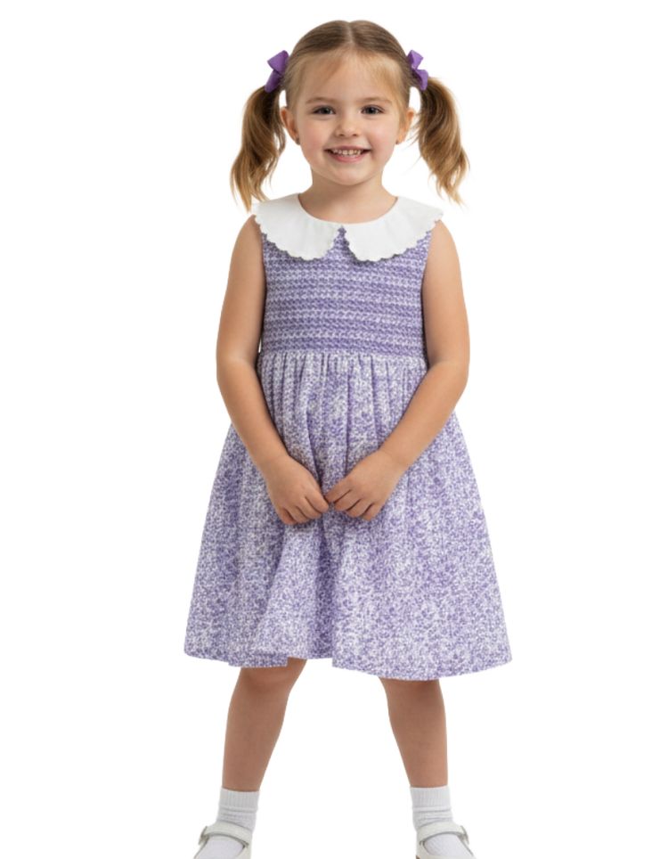 JoJo Maman Girls' Collar Ditsy Floral Smocked Dress in Purple 1