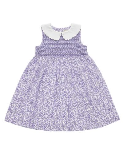 JoJo Maman Girls' Collar Ditsy Floral Smocked Dress in Purple 2