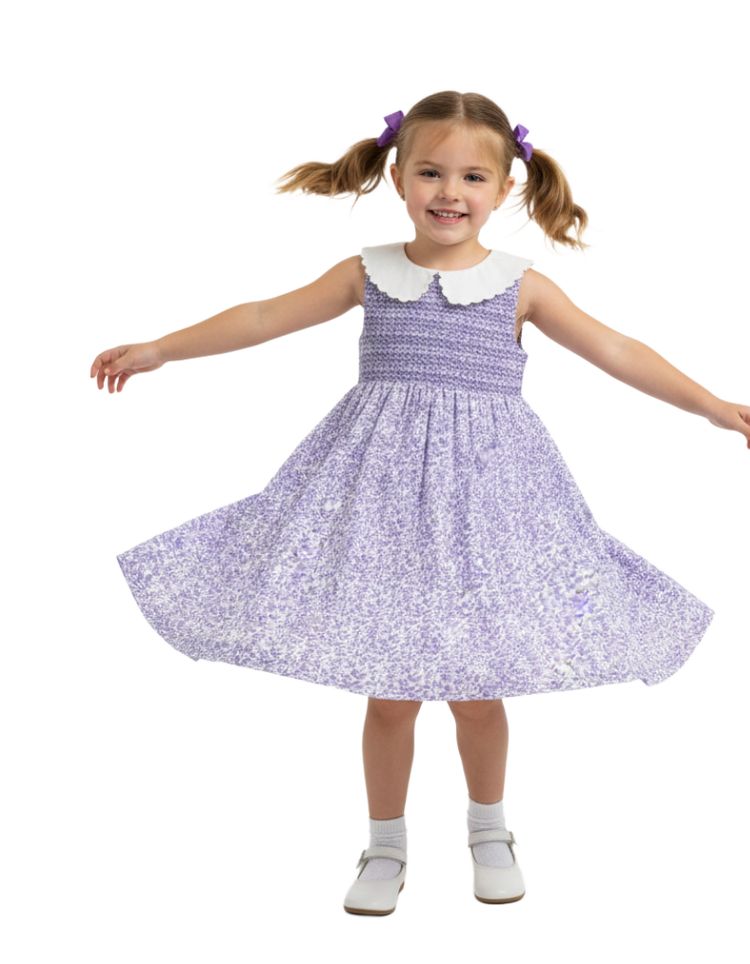 JoJo Maman Girls' Collar Ditsy Floral Smocked Dress in Purple 4