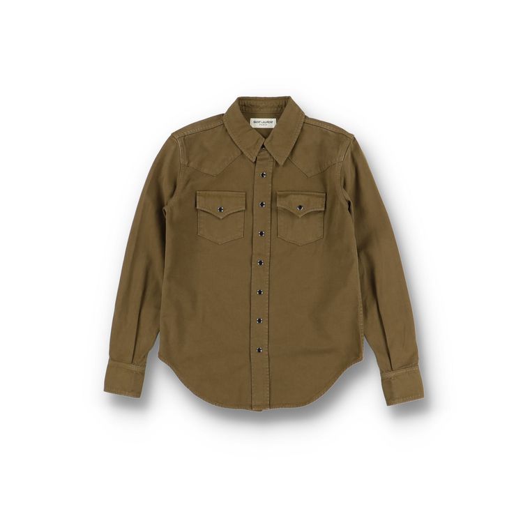 Saint Laurent Paris Khaki Stonewashed Western Yoke Denim Shirt