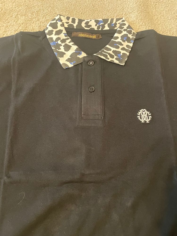 Roberto Cavalli Black Polo Shirt With Patterned Collar