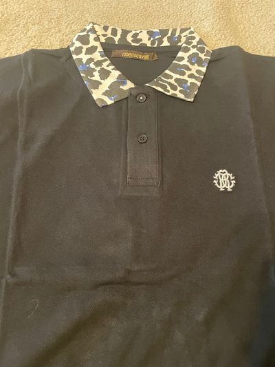 Roberto Cavalli Black Polo Shirt With Patterned Collar