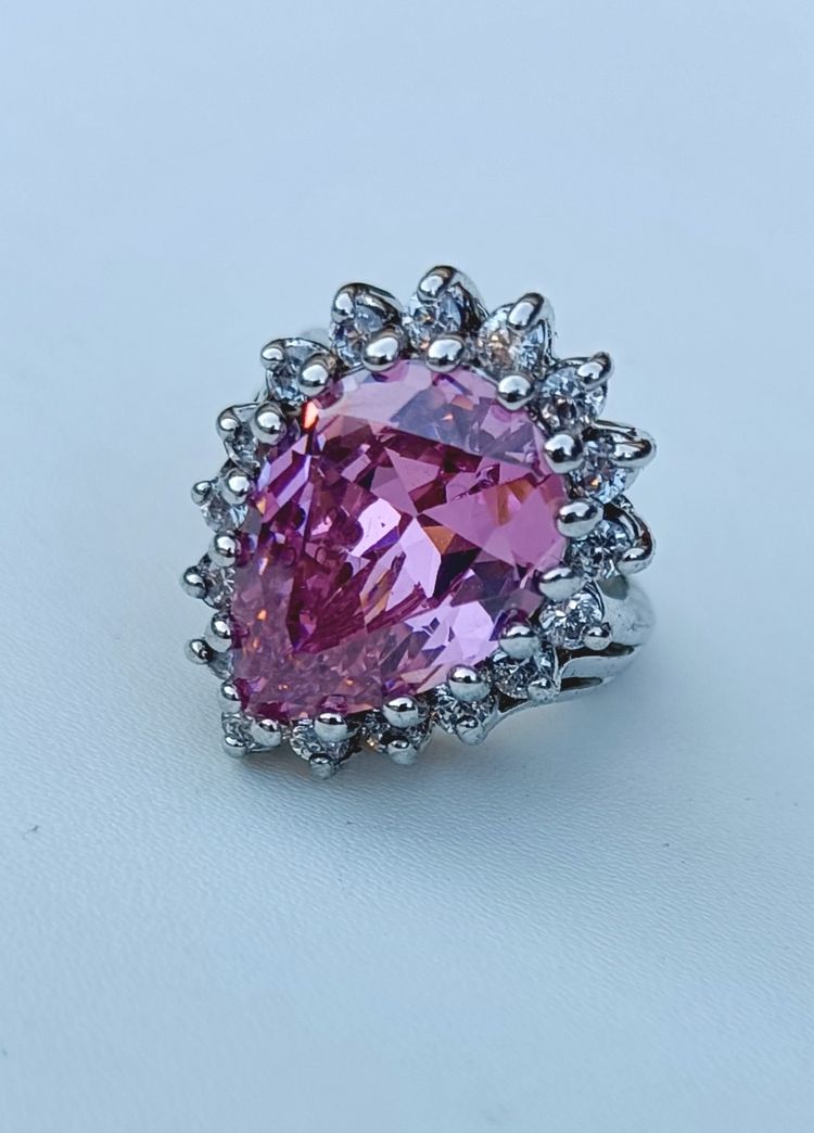 Bella Gone Silver Ring With Large Pink Teardrop Gemstone And Small Clear Stones product image