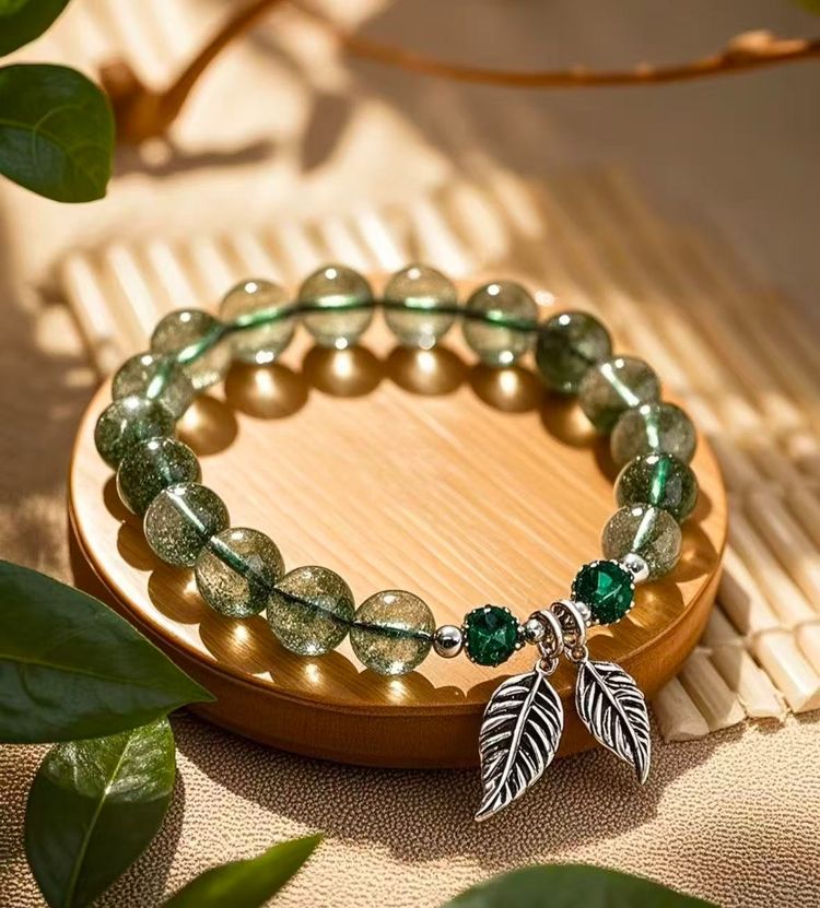 Green Beaded Bracelet With Leaf Charms image 1