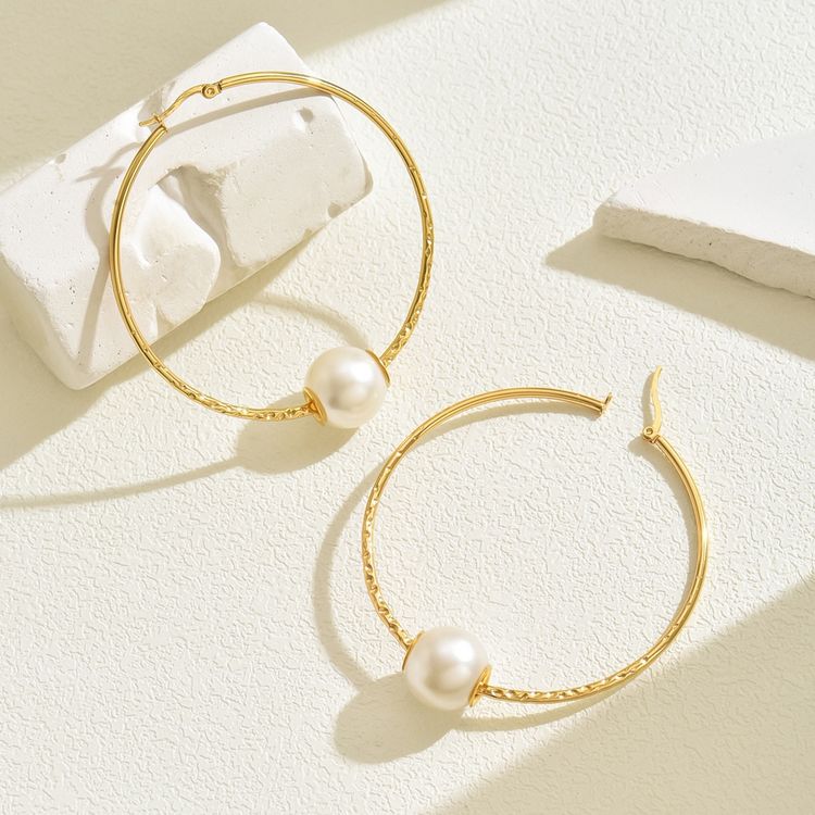 Gold Hoop Earrings With Pearl Detail image 3