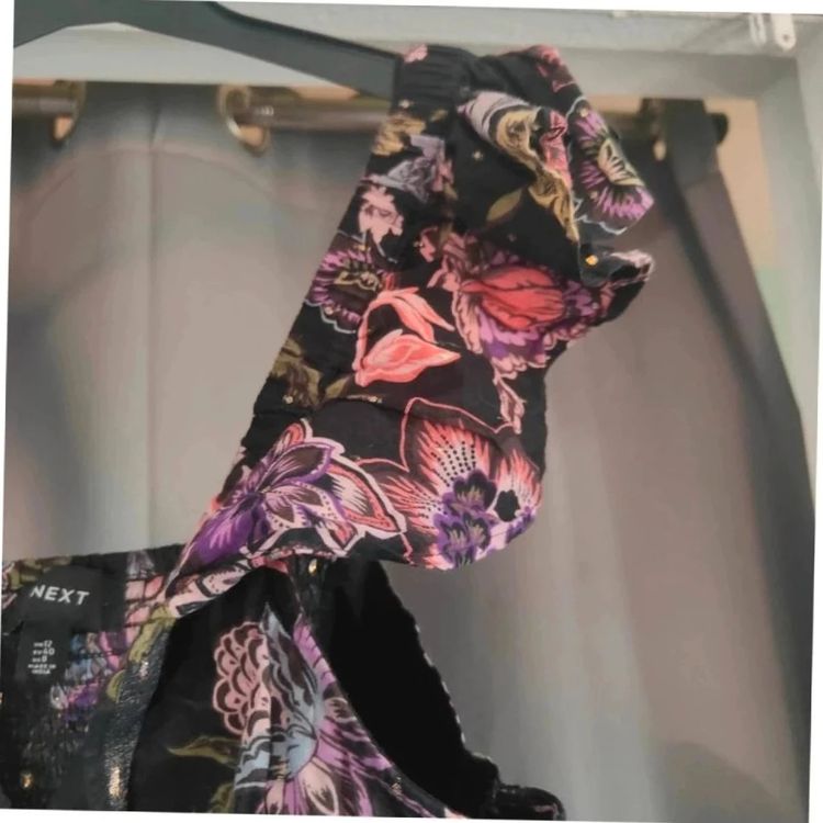 Next Floral Smock Dress UK 12 Black Gold Lurex Ruffle Sleeve Summer Boho imagen 5