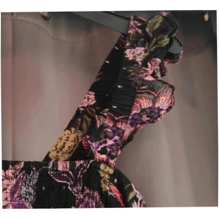 Next Floral Smock Dress UK 12 Black Gold Lurex Ruffle Sleeve Summer Boho imagen 7