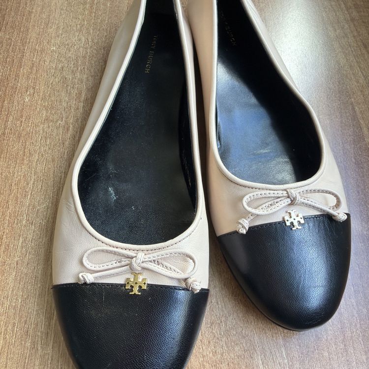 Tory Burch Cap-Toe Ballet Flats Leather Rose Pink Nude Black Uk 8.5 USA 11 image 1