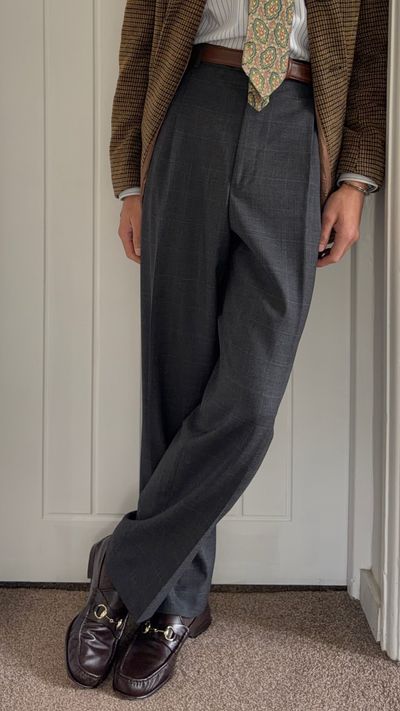 Armani 1990s Windowpane Check Pleated Wool Pants Gray - Size 38 Waist