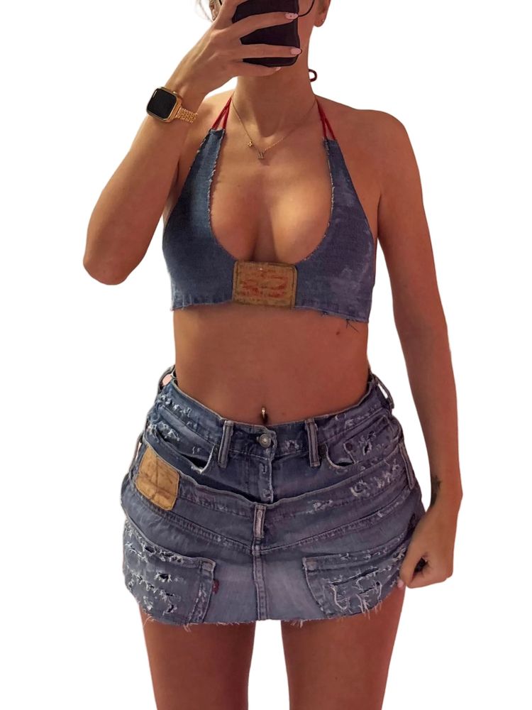 Double Blue Distressed Denim Set- Halter top and Skirt