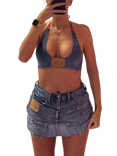 Double Blue Distressed Denim Set- Halter top and Skirt