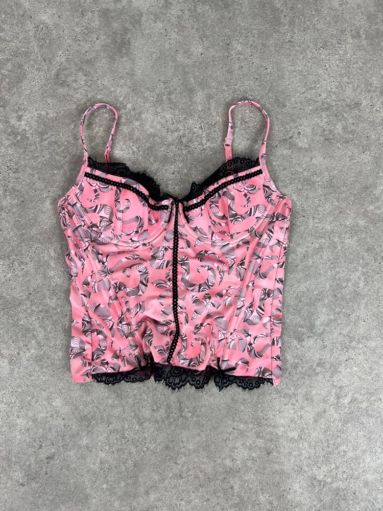 Zen Den  Pink Patterned Corset With Black Lace product image