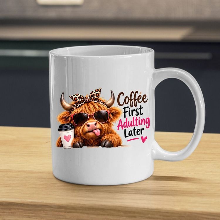 Other Humorous Mug Coffee First Adulting Later Highland Cow 325ml Ceramic Coffee Mug – Cute Animal Tea Cup with Sunglasses, Leopard Bow & Coffee Cup Gift | Available in Multicolours | Fast Dispatch by UK Seller (M1276) product image