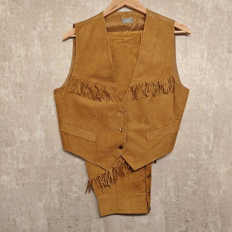 Western/Boho chic Egoiste - Completo Gilet e Gonna Lunga a Frange in Color Cuoio, Made in Italy taglia 42