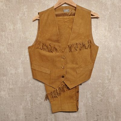 Western/Boho chic Egoiste - Completo Gilet e Gonna Lunga a Frange in Color Cuoio, Made in Italy taglia 42