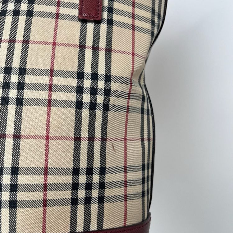 Immagine di Burberry Nova Check Beige Canvas Bag With Burgundy Base & Straps 10