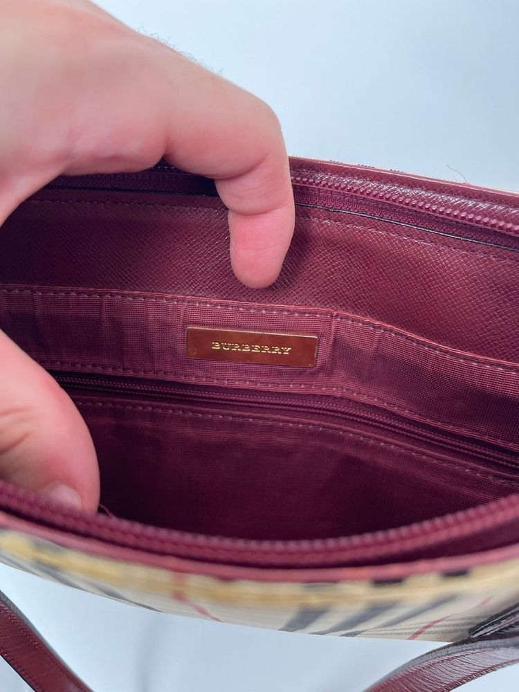 Immagine di Burberry Nova Check Beige Canvas Bag With Burgundy Base & Straps 9