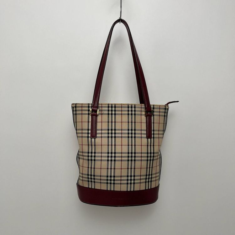 Burberry Nova Check Beige Canvas Bag With Burgundy Base & Straps image 1