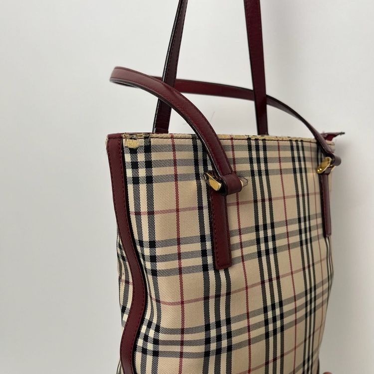 Immagine di Burberry Nova Check Beige Canvas Bag With Burgundy Base & Straps 3