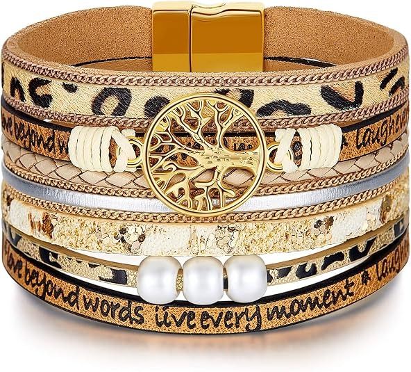 Immagine di Leopard Print Multi-Layer Bracelet With Tree Charm And Pearls 1