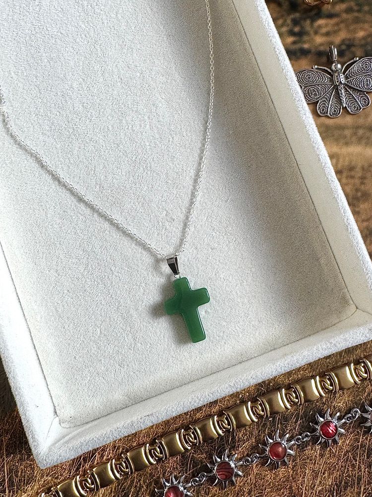 Jade Cross Pendant Necklace with 925 Solid Silver Chain.