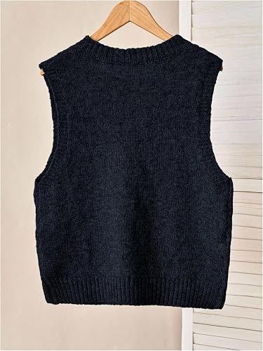 Black Knitted Sleeveless Sweater Vest With Blue Floral Embroidery imagen 2
