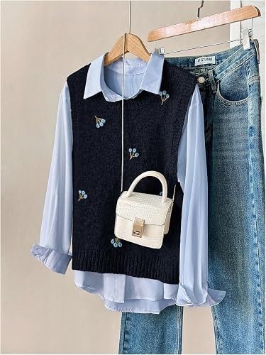 Black Knitted Sleeveless Sweater Vest With Blue Floral Embroidery image 1