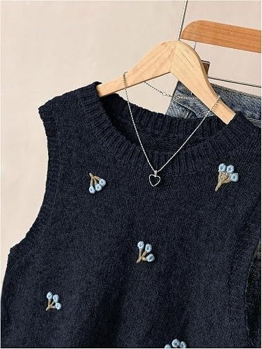 Black Knitted Sleeveless Sweater Vest With Blue Floral Embroidery imagen 3