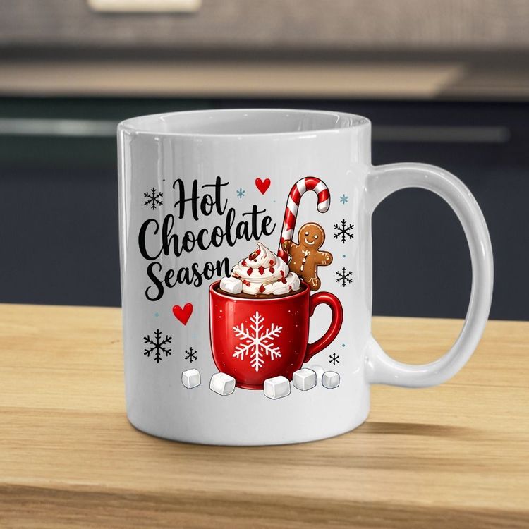 Other Cozy Mug Hot Chocolate Season Red Snowflake 325ml Ceramic Coffee Mug – Winter Holiday Tea Cup with Marshmallows, Gingerbread Man & Candy Cane | Available in Multicolours | Fast Dispatch by UK Seller (M1270) product image
