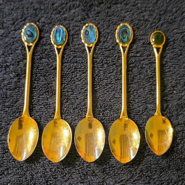 Set Of Five Gold-Tone Decorative Spoons With Blue And Green Stone Handles