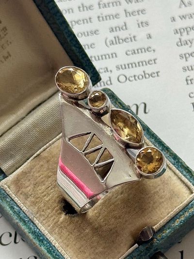Vintage Sterling Silver Citrine Statement Ring – Geometric Multi-Stone Adjustable Size
