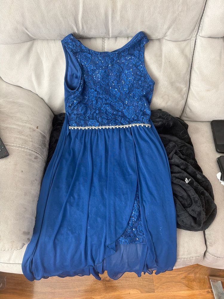 Blue Sleeveless Dress With Lace And Rhinestone Belt