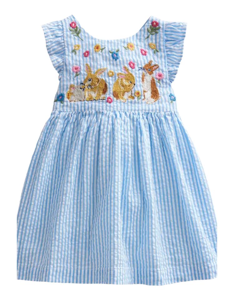Other Mini Boden Girls' Stripe Embroidered Cotton Pinafore Dress Ivory/ Blue Ticking Bunny product image