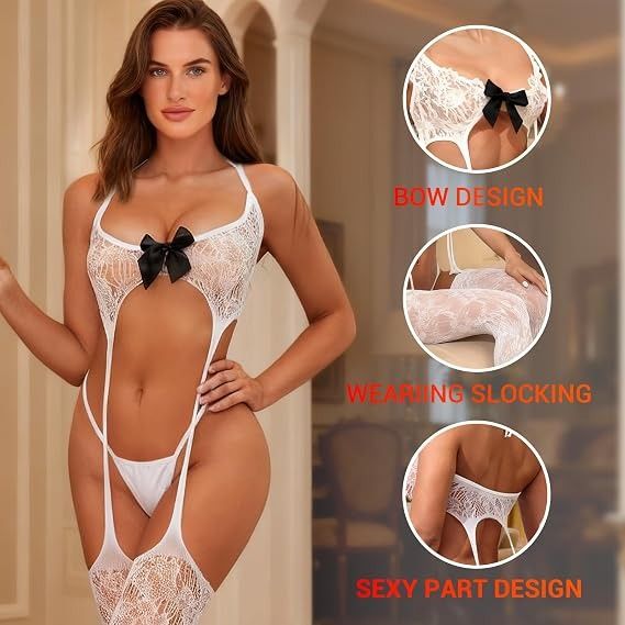 White Lace Bodystocking With Black Bow image 5