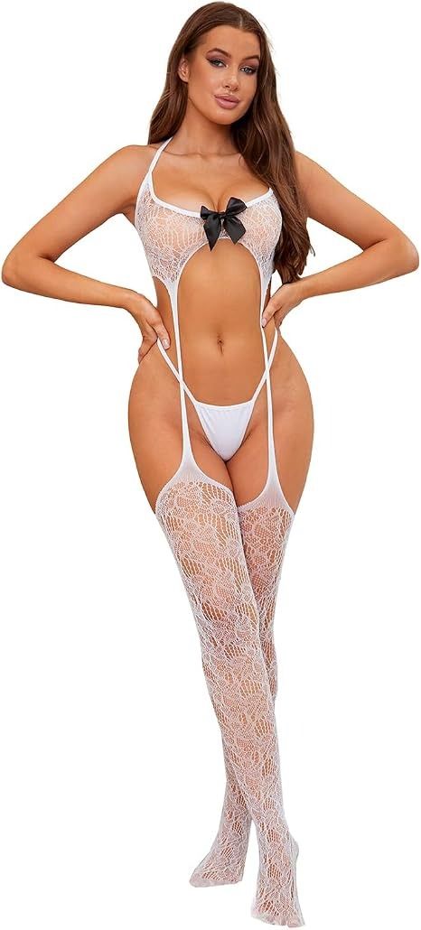 White Lace Bodystocking With Black Bow image 2