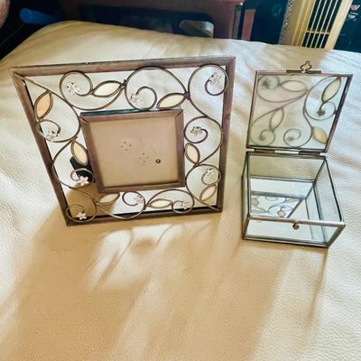 Vintage Set of Wrought Metal Mother Of Pearl Frosted Glass Trinket Box & Photo Frame