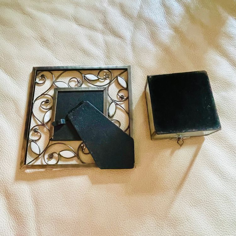 Vintage Set of Wrought Metal  Mother Of Pearl Frosted Glass Trinket Box & Photo Frame image 3