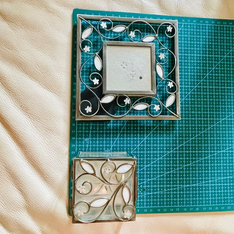 Vintage Set of Wrought Metal  Mother Of Pearl Frosted Glass Trinket Box & Photo Frame image 4