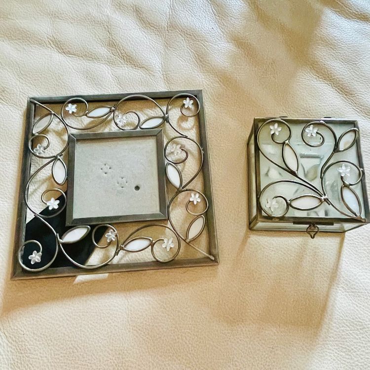 Vintage Set of Wrought Metal  Mother Of Pearl Frosted Glass Trinket Box & Photo Frame image 2