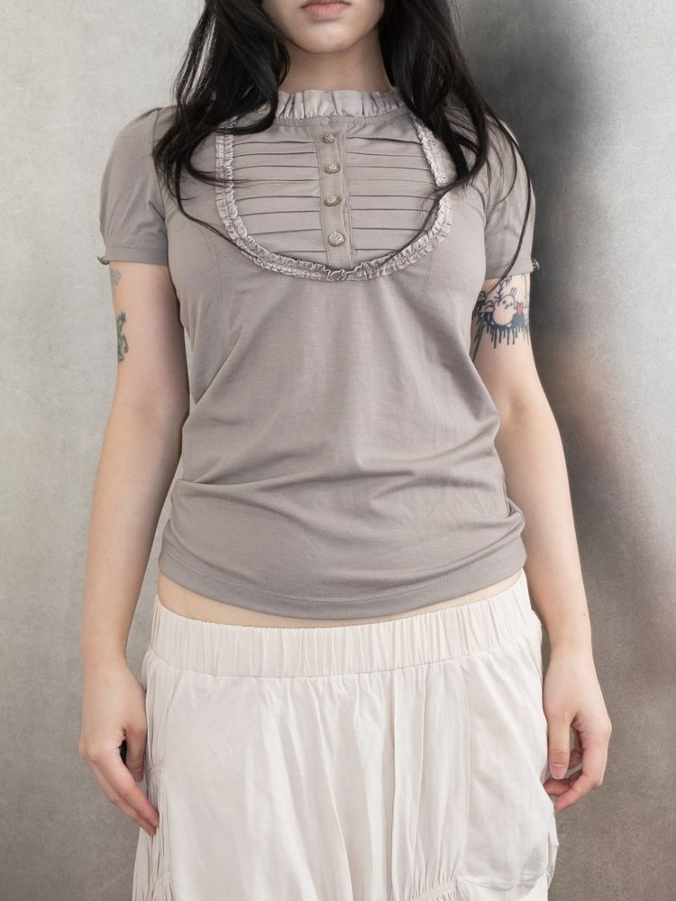 TAUPE RUFFLE BIB DETAIL TOP