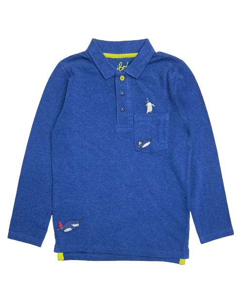 Mini Boden Boy's Long Sleeve Applique Pocket Polo Shirt Blue/Penguin obraz 1