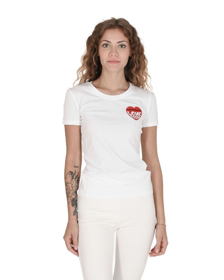 Love Moschino White T-Shirt With Red Heart Patch